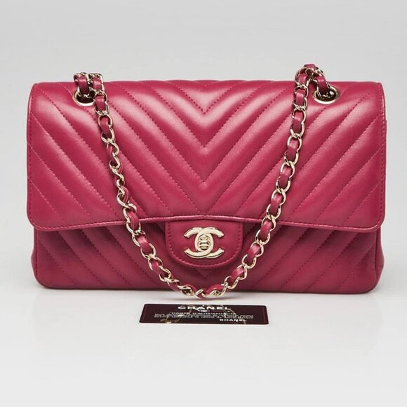 Chanel Fuchsia Chevron Quilted Lambskin Leather Classic Medium Double Flap Bag - Picture 11 of 11